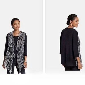 CHICO’s Black and White Open Cardigan with Waterfall Drape and 3/4 Sleeve Size L